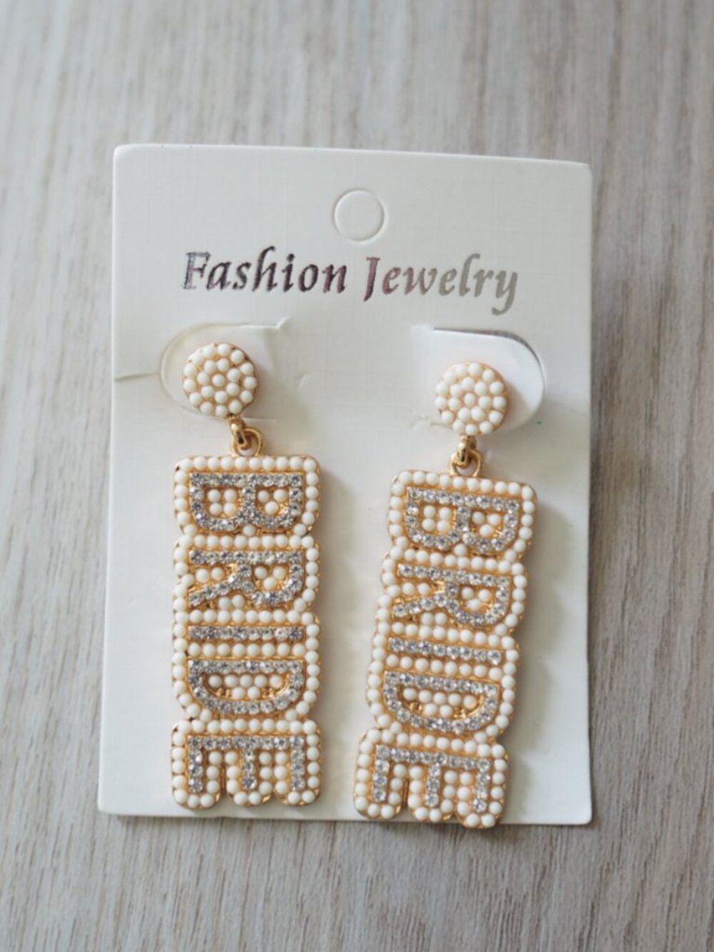 Gold-Tone Pearl 'BRIDE' Drop Earrings Wedding Bachelorette Gift Bohemian Sparkle
